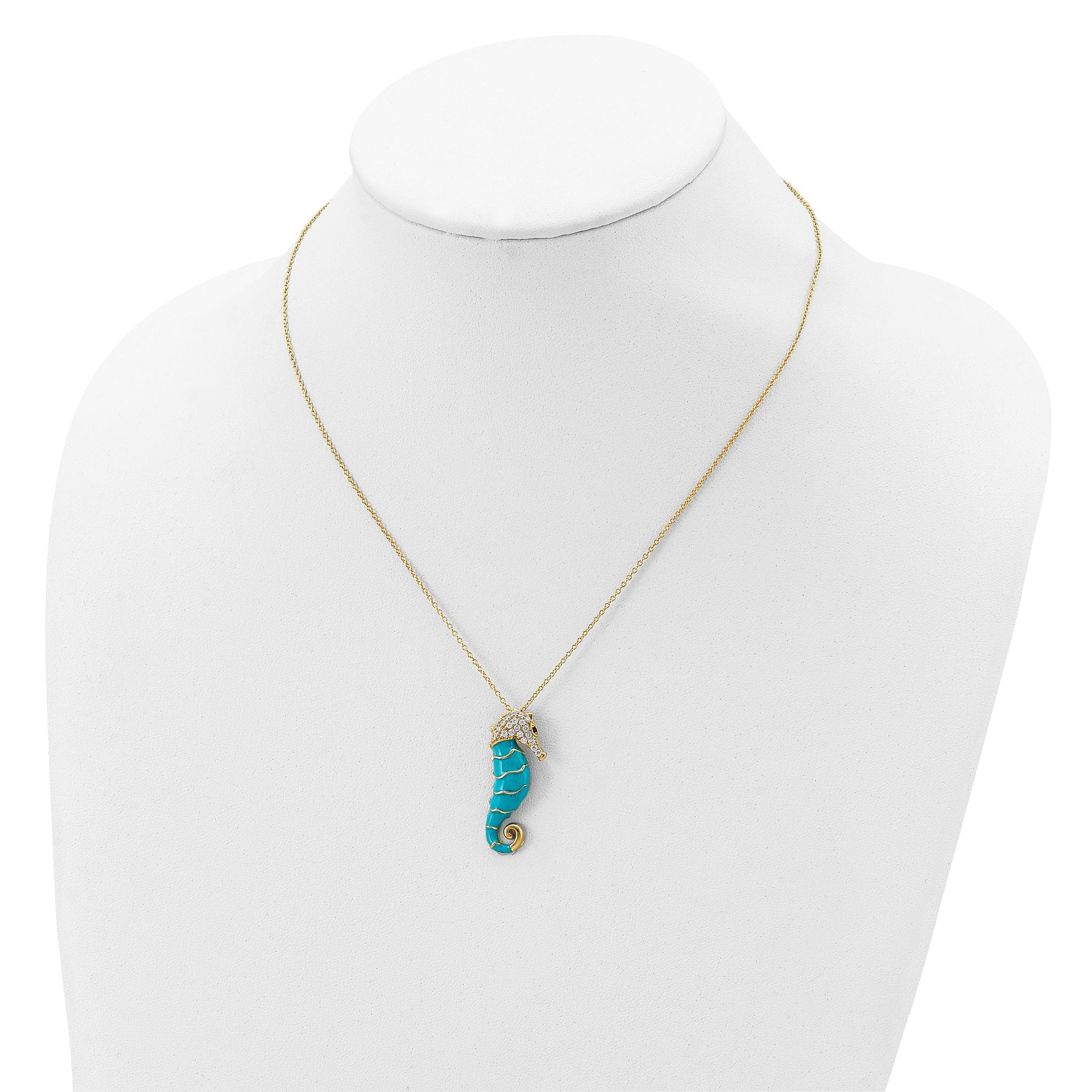 Cheryl M Sterling Silver Gold-plated Enameled Brilliant-cut Black and White CZ Seahorse 18 Inch Necklace