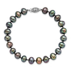 Sterling Silver Rhod-plated 7-8mm Black FW Cultured Pearl Bracelet