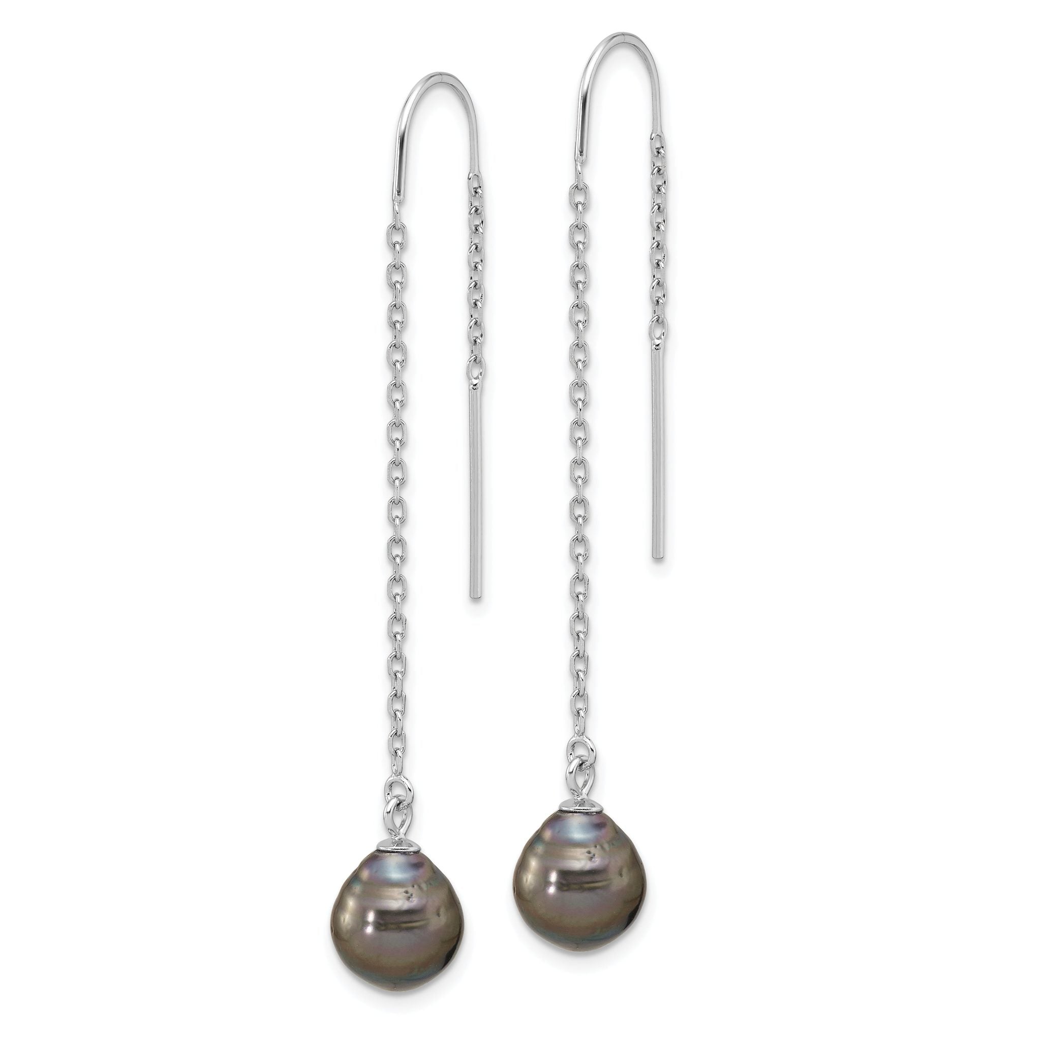 Sterling Silver Rhodium-plated 9-10mm Black Teardrop Tahitian Saltwater Cultured Pearl Threader Earrings Secondary image
