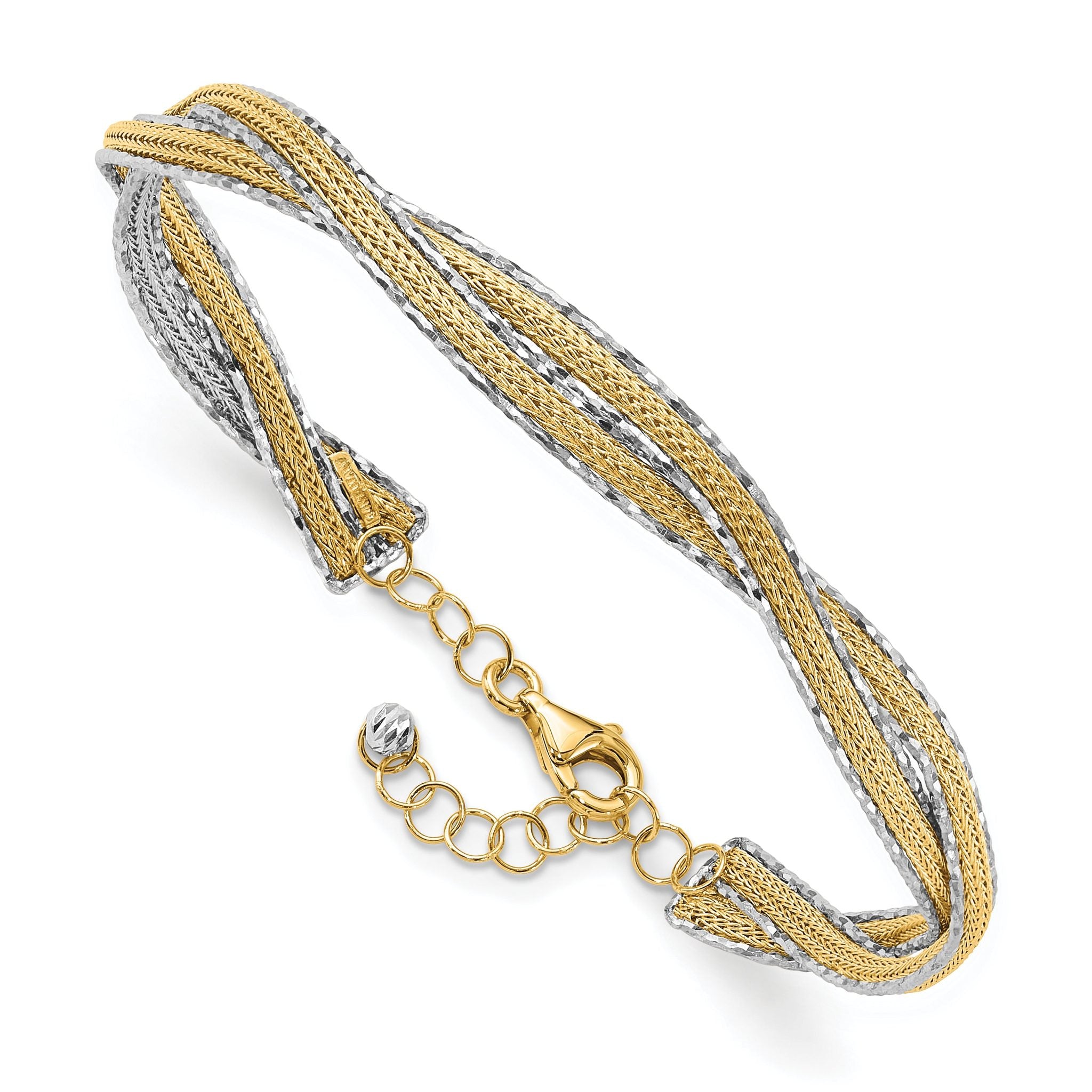 14K Two-tone Diamond-cut and Textured Braided 6.70mm with Safety Chain Flexible Oval Bangle Bracelet Main image