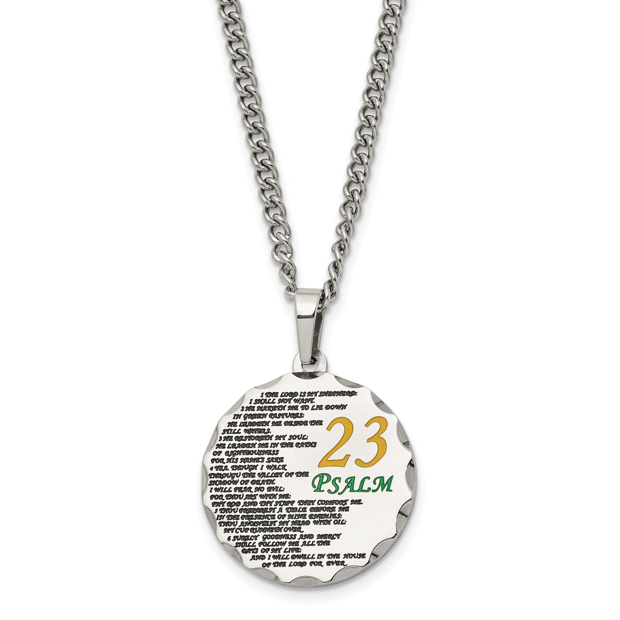 Chisel Stainless Steel Polished Acid Etched Psalm 23 Pendant on a 24 inch Curb Chain Necklace Main image