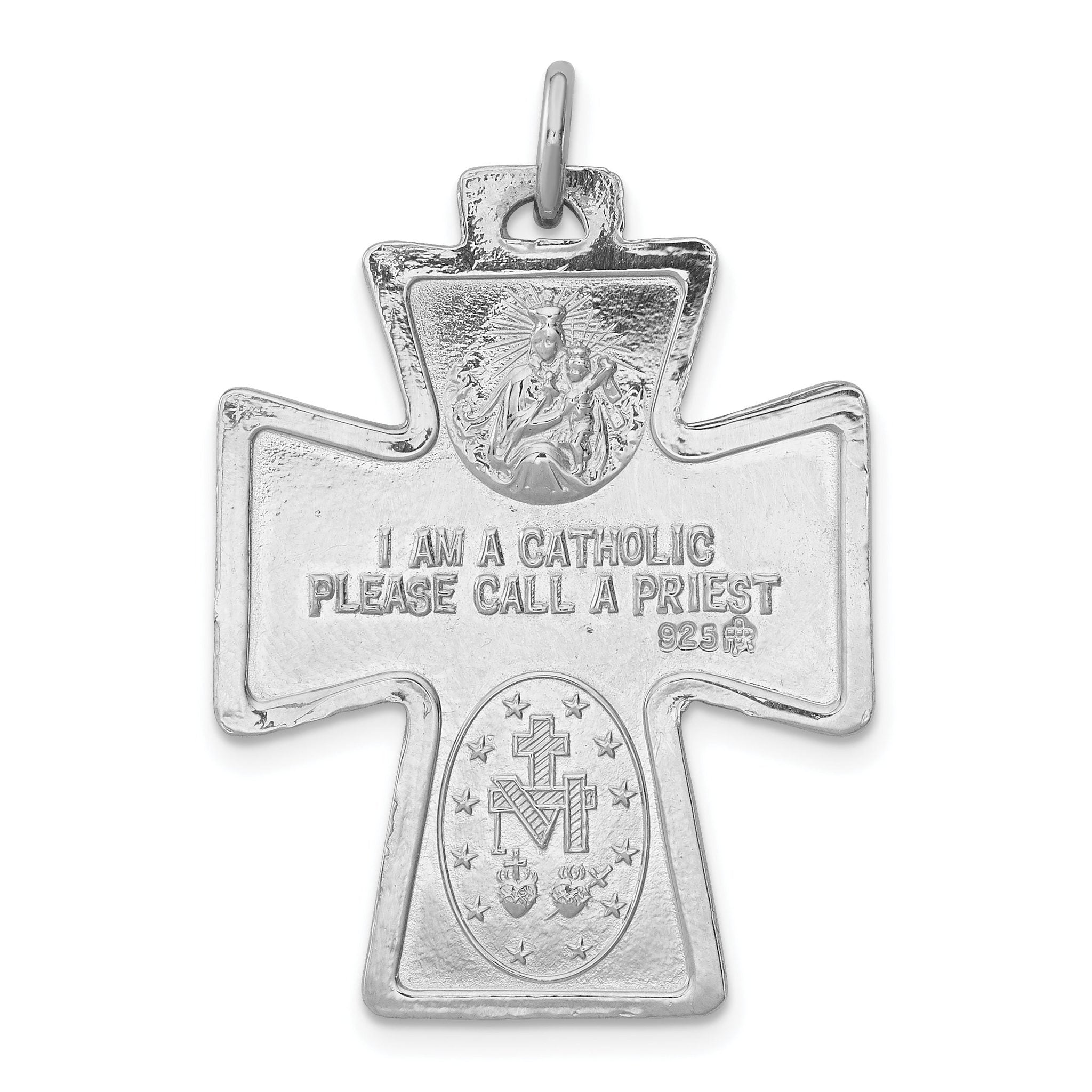 Sterling Silver 925 Reversible 4-Way Medal Pendant with Polished Rhodium Finish