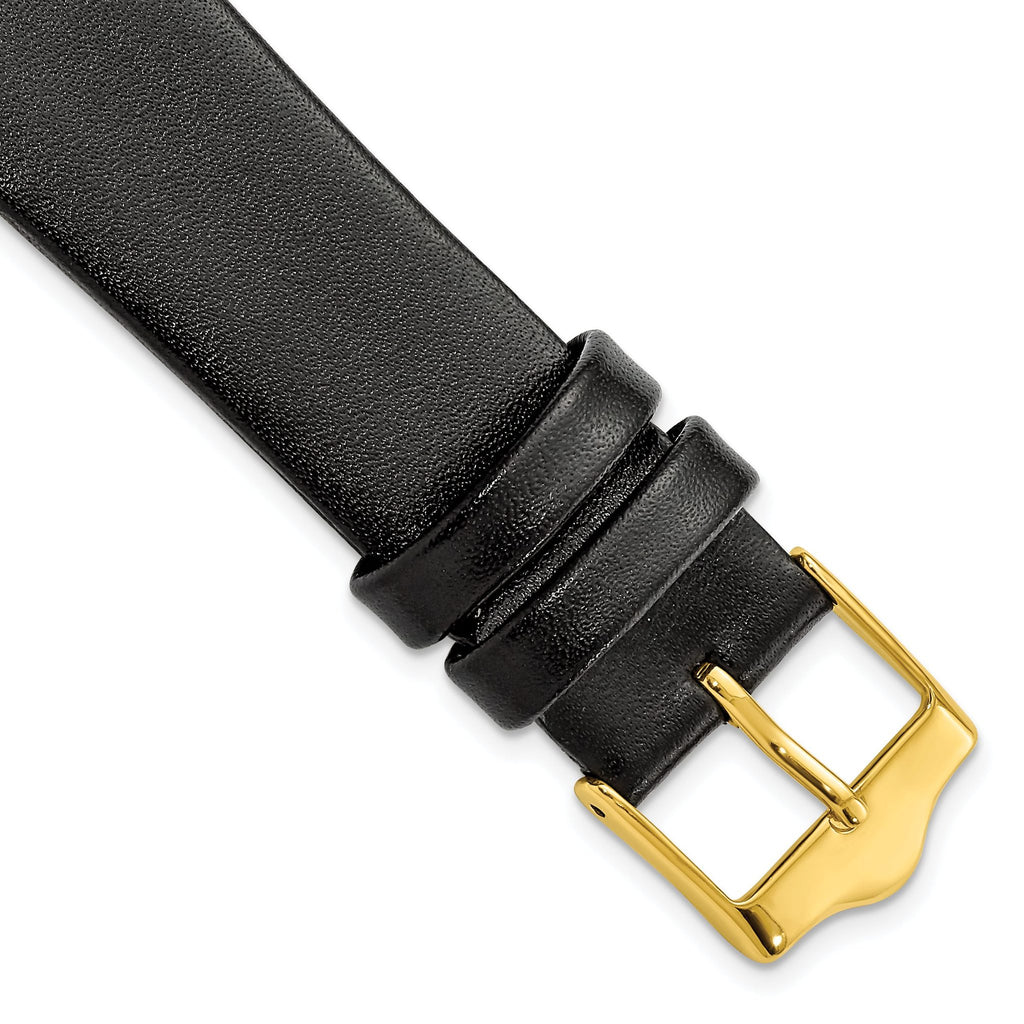 Smooth Flat Leather Watch Band in Black with Gold-Tone Buckle, 18mm