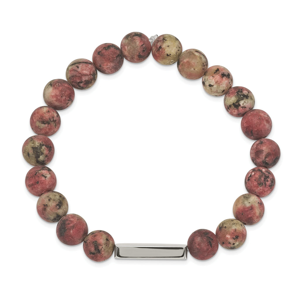 Stainless Steel Polished ID Plate 8.5mm Rhodochrosite Beaded Stretch Bracelet