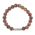 Stainless Steel Polished ID Plate 8.5mm Rhodochrosite Beaded Stretch Bracelet