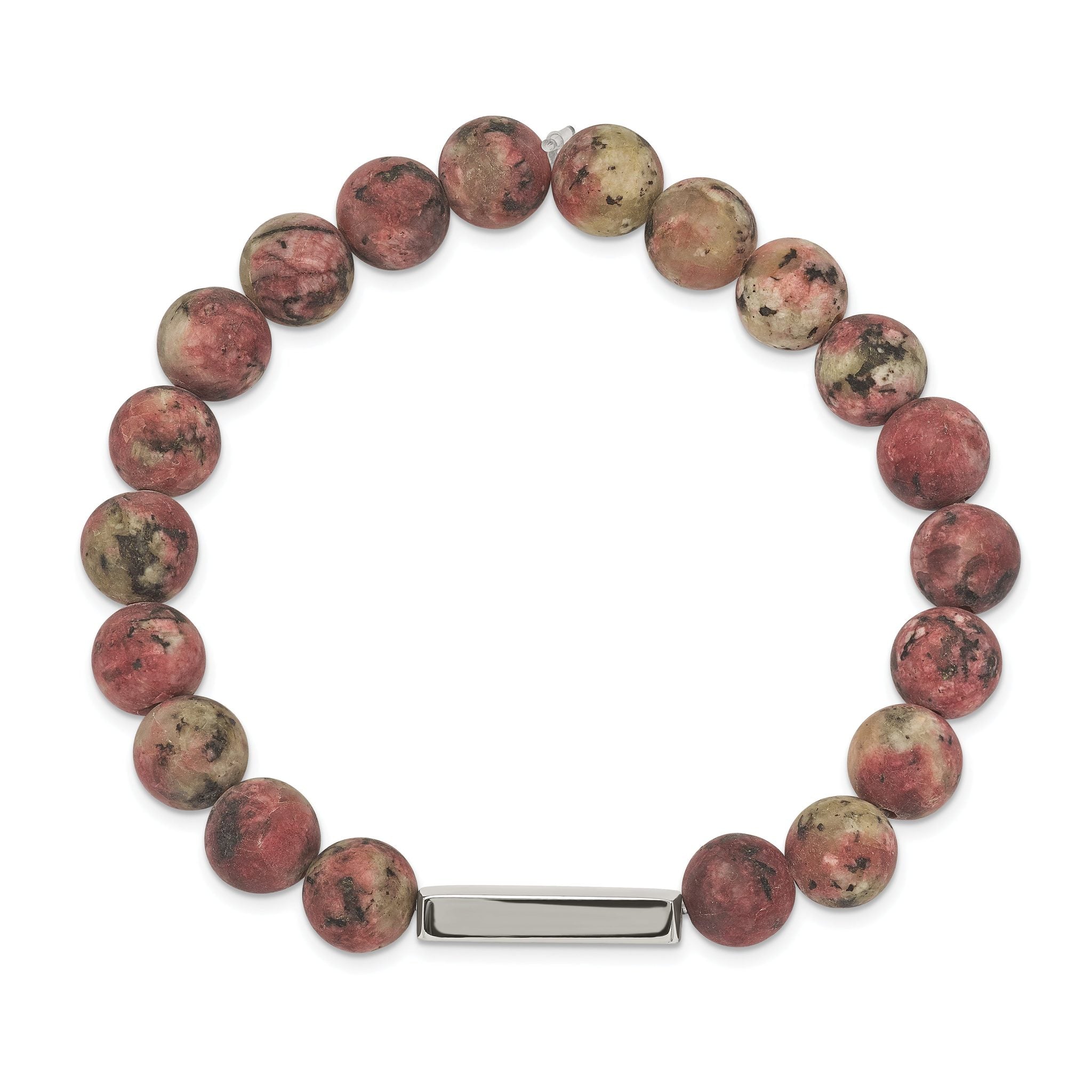 Stainless Steel Polished ID Plate 8.5mm Rhodochrosite Beaded Stretch Bracelet