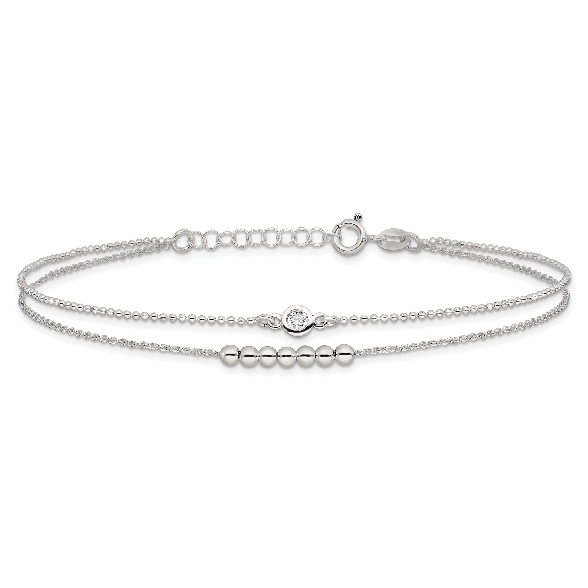 Sterling Silver 2-Strand Beaded CZ 9 inch Plus 1 inch Extender - Total 10 inch Anklet