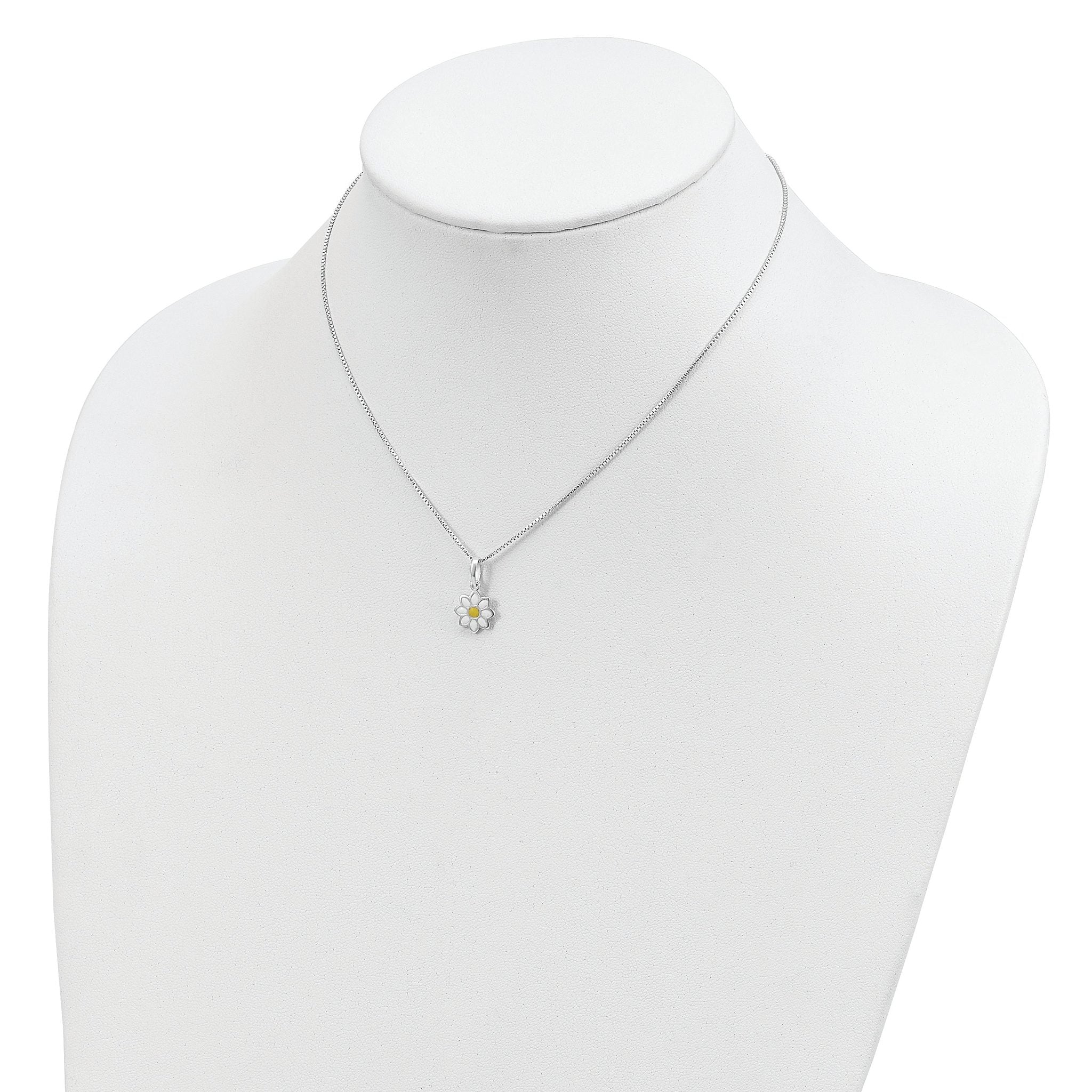 Sterling Silver Polished Yellow & White Enamel Flower Children's Necklace
