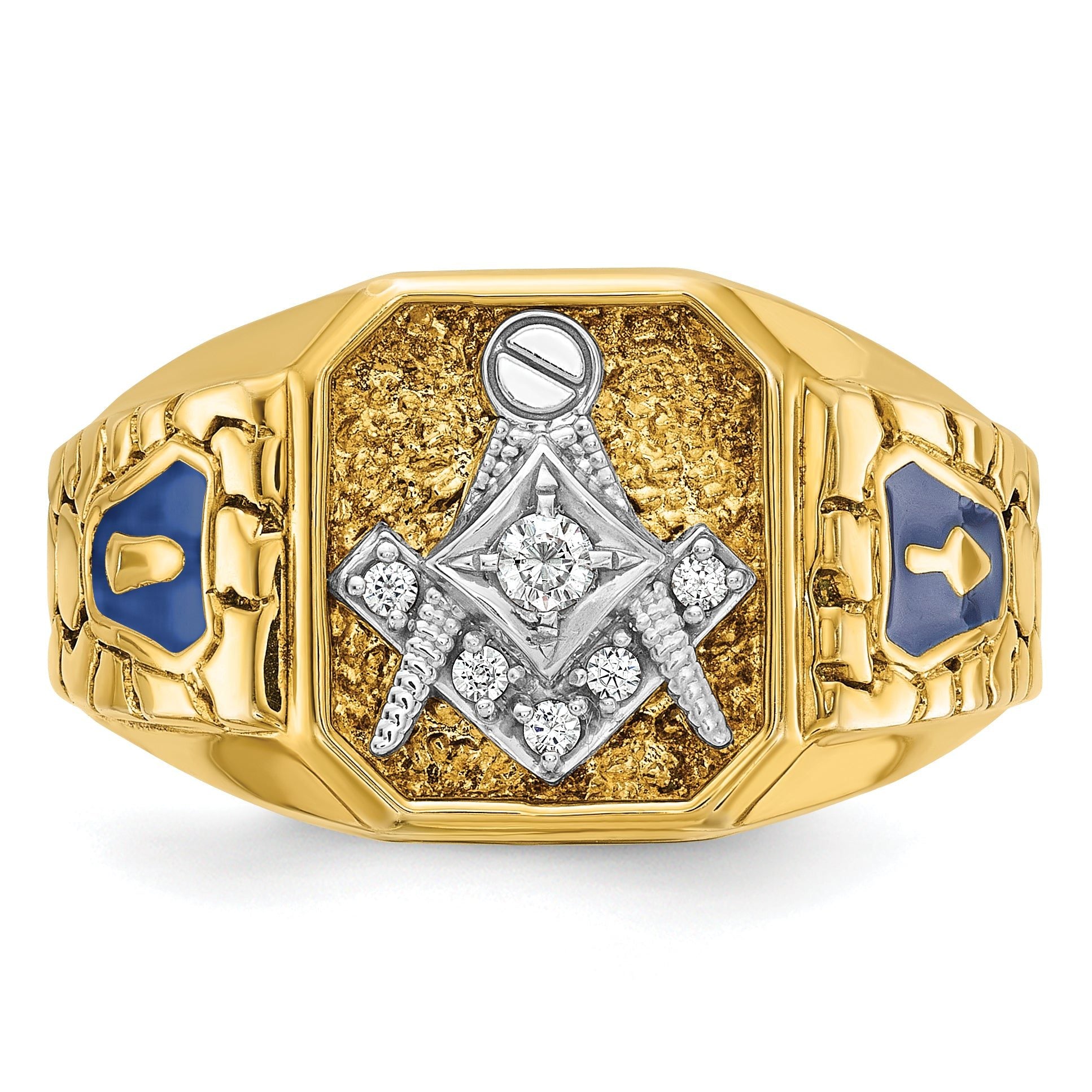 14k Two-tone Men's Polished and Textured with Blue Enamel and Diamond Blue Lodge Master Masonic Ring