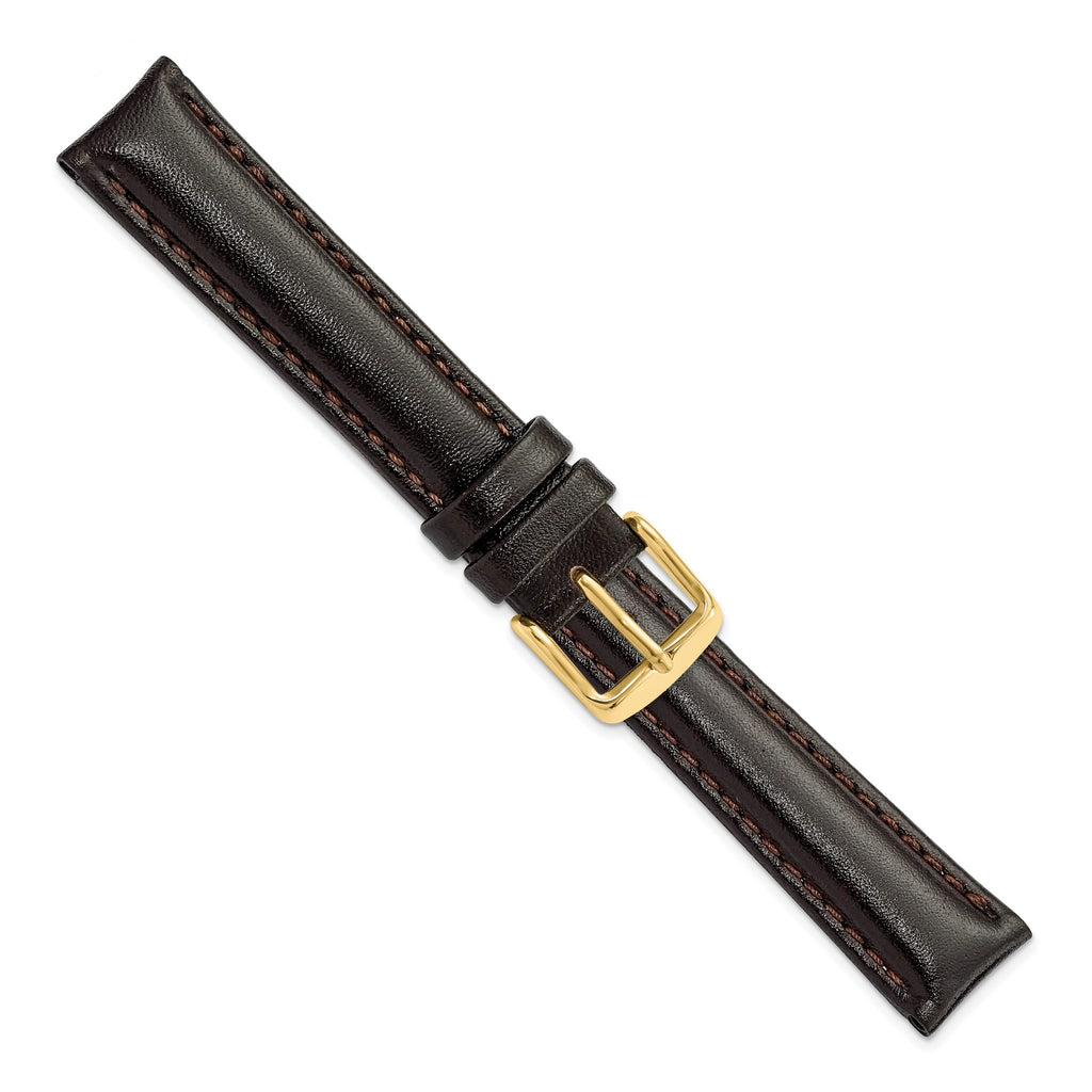 Smooth Leather Watch Band in Dark Brown with Gold-Tone Buckle, 24mm