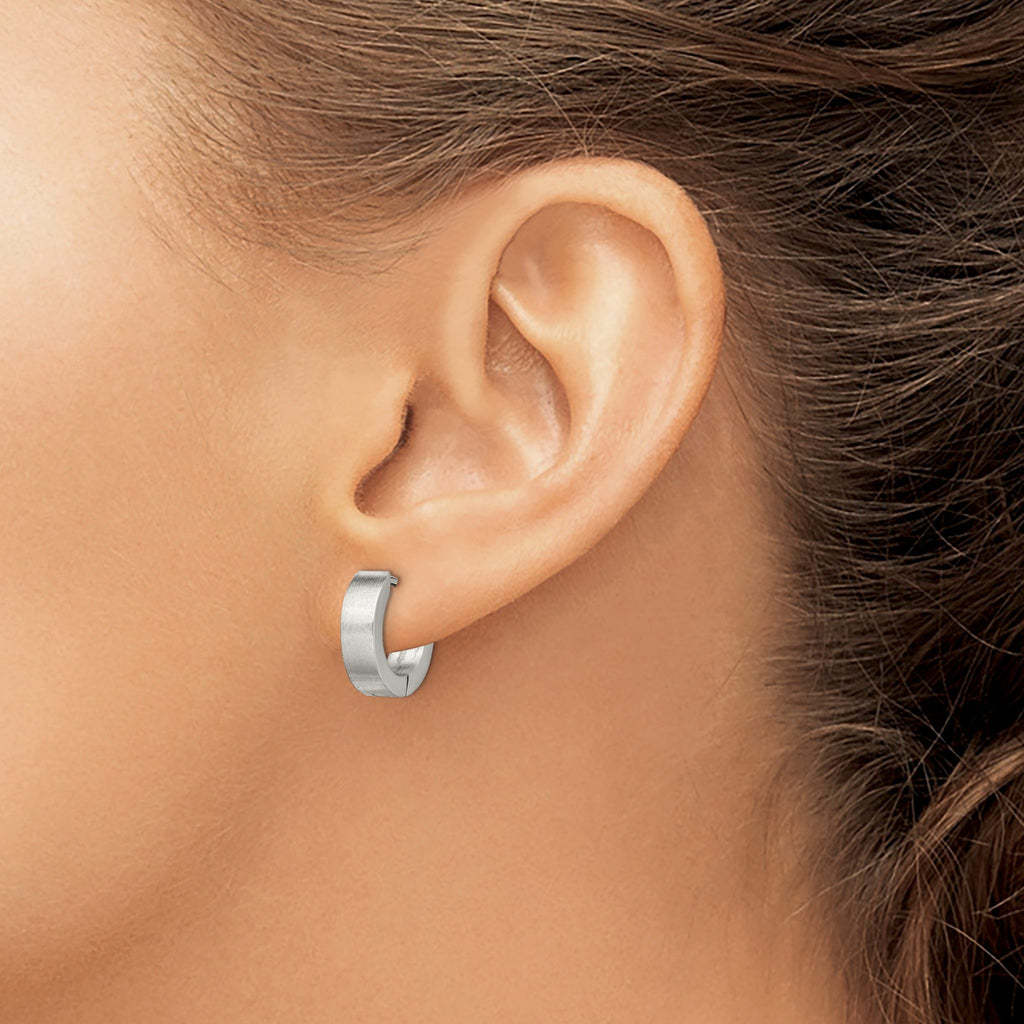 Stainless Steel Polished & Brushed Round Hinged Huggie Hoop Earrings