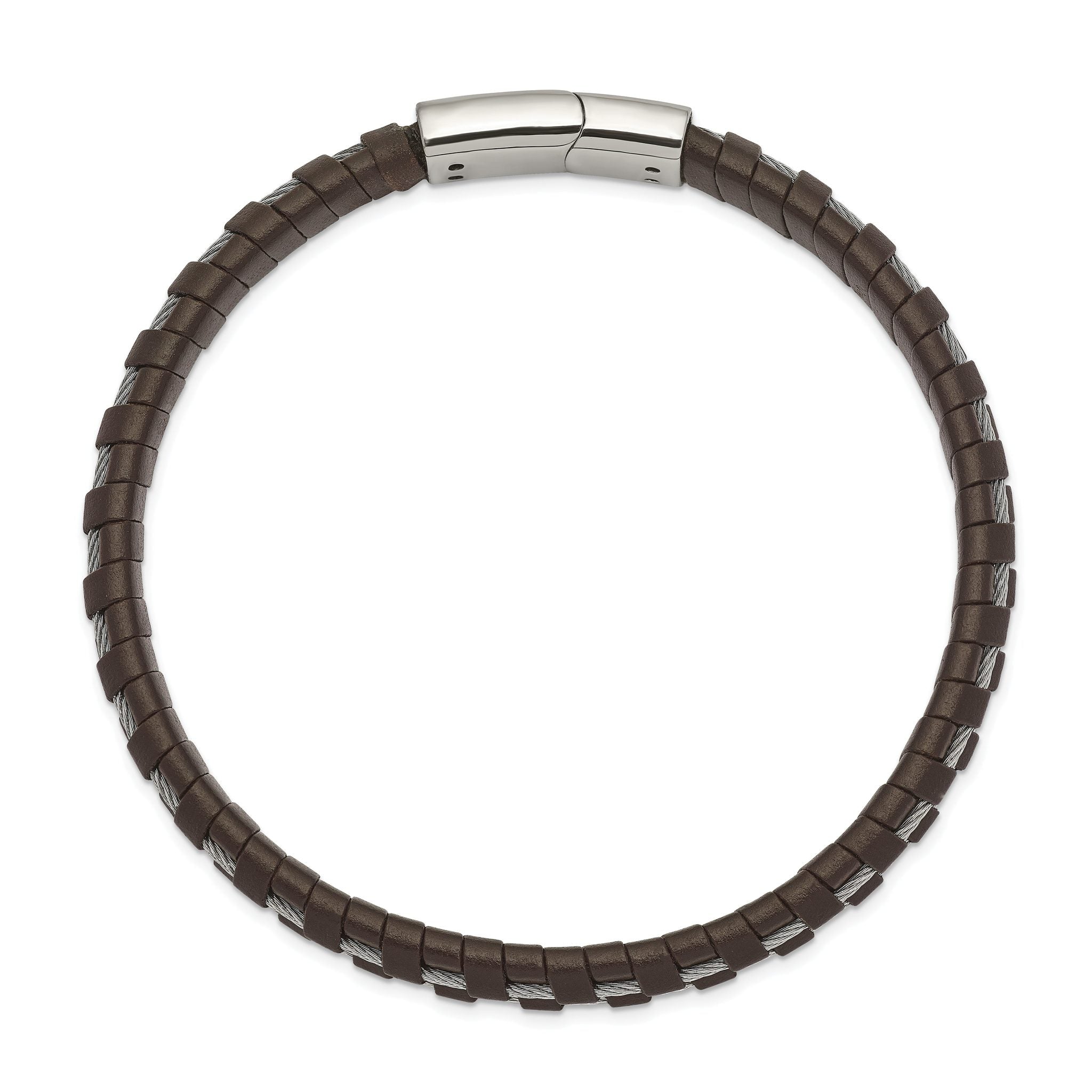 Stainless Steel Polished Cable and Brown Leather Bracelet for Men Secondary image