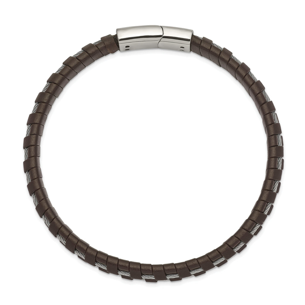 Stainless Steel Polished Cable and Brown Leather Bracelet for Men