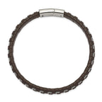 Stainless Steel Polished Cable and Brown Leather Bracelet for Men