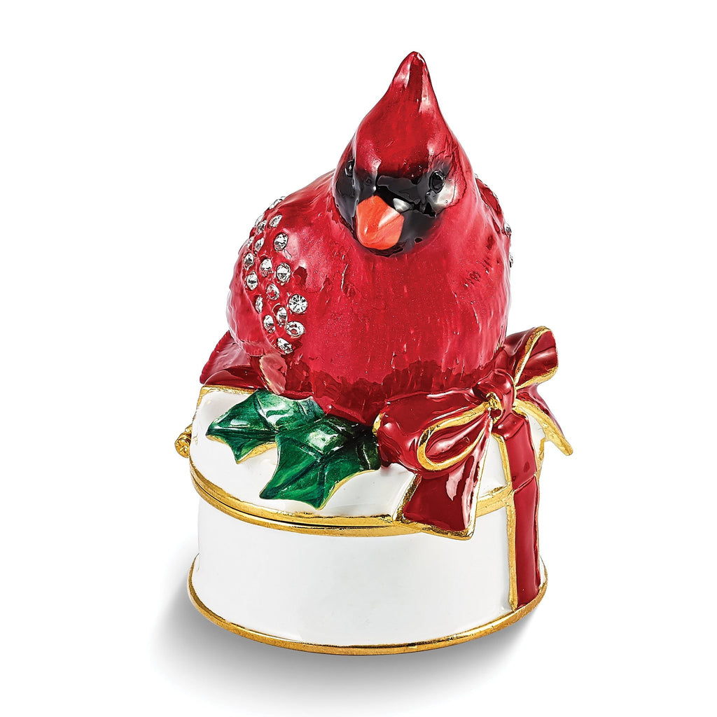 Luxury Giftware by Jere Bejeweled Crystals Gold-tone Enameled CHAS Red Cardinal on White Trinket Box with Matching 18 Inch Necklace