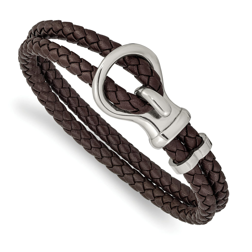 Stainless Steel Polished Brown Braided Leather Bracelet for Men