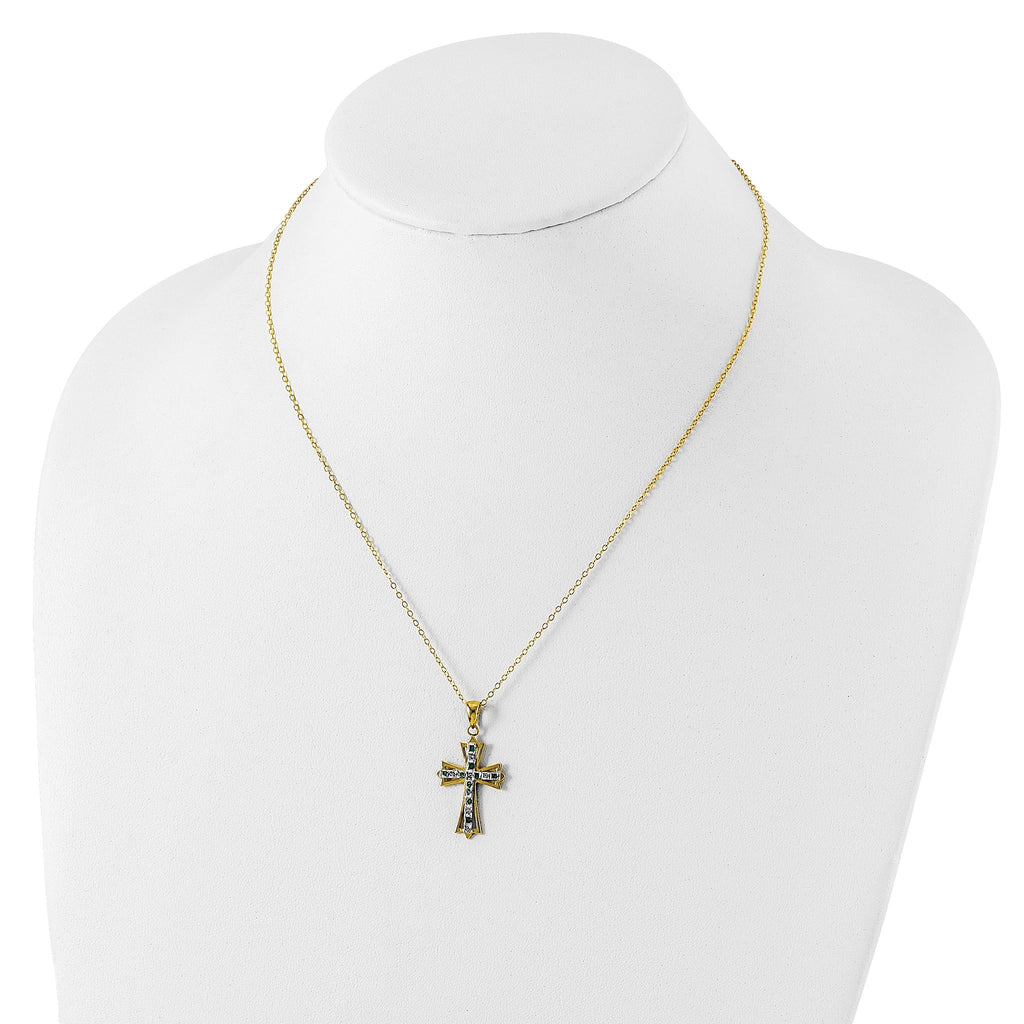 Sterling Silver Gold-Plated Diamond Emerald Cross Necklace 18 Inch