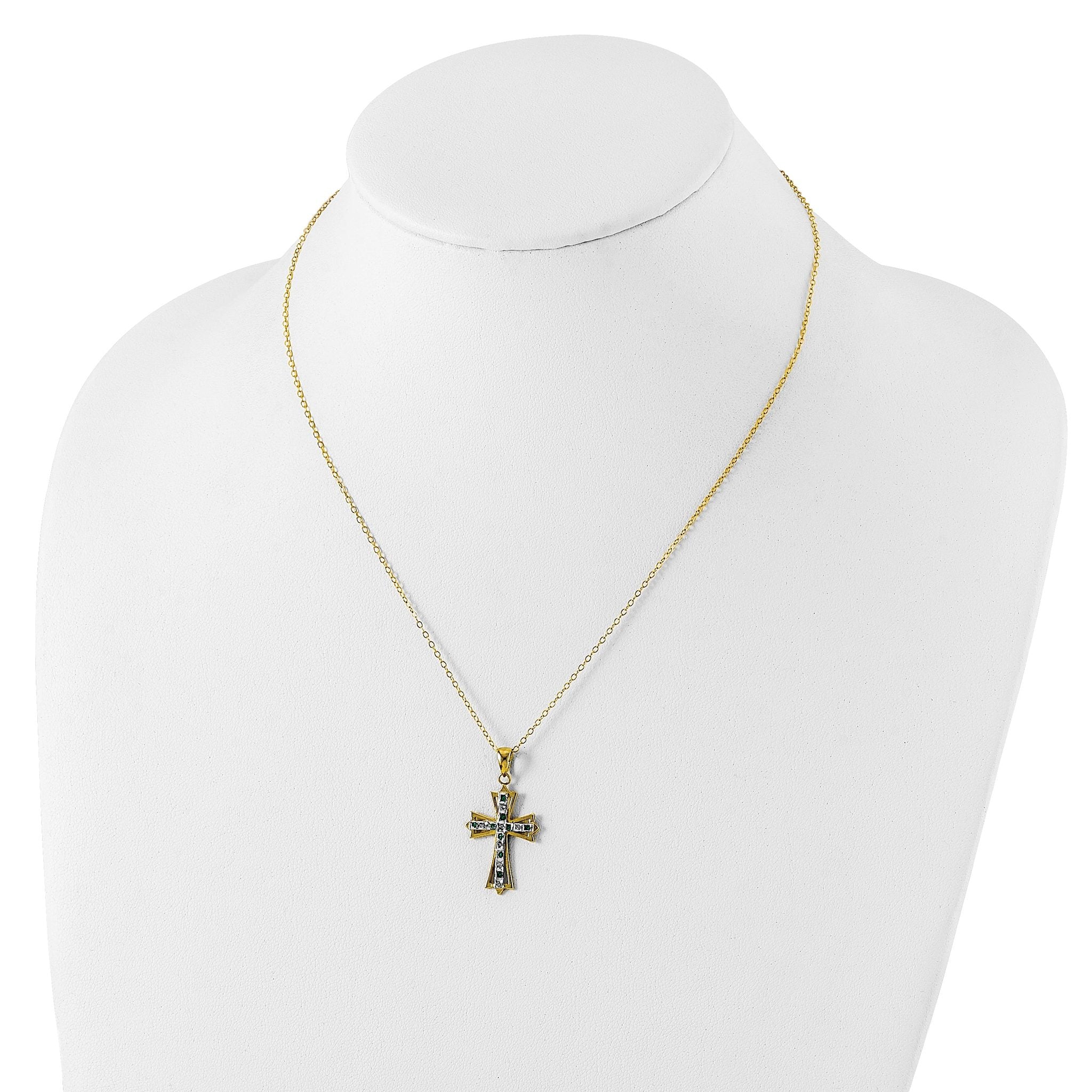 Sterling Silver Gold-Plated Diamond Emerald Cross Necklace 18 Inch