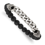 Stainless Steel Antiqued and Polished Buddha 8mm Lava Stone Beaded Stretch Bracelet