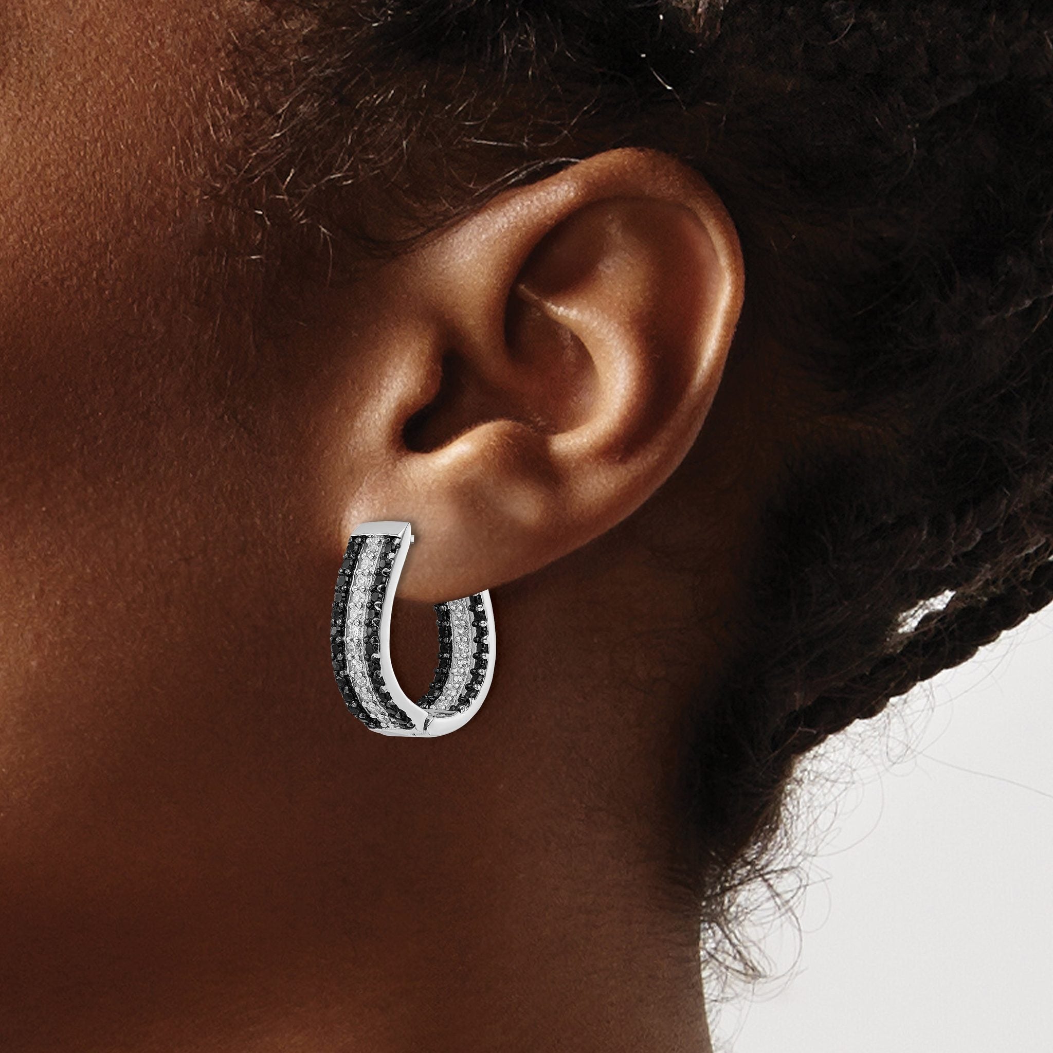Cheryl M Sterling Silver Rhodium-plated Polished Black and White CZ Oval In and Out Hoop Earrings
