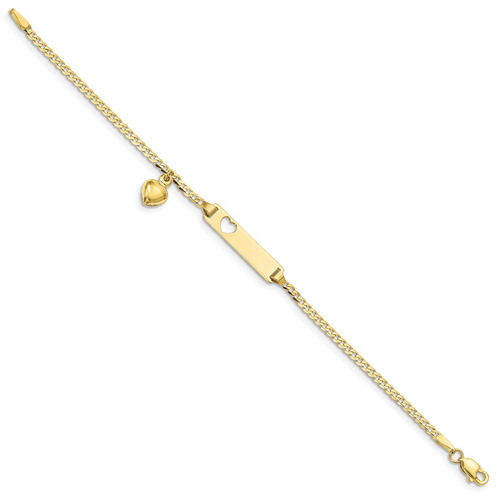 10k Flat Curb Link ID Bracelet With  dangling heart
