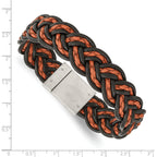 Stainless Steel Brushed Black and Orange Woven Leather Bracelet for Men