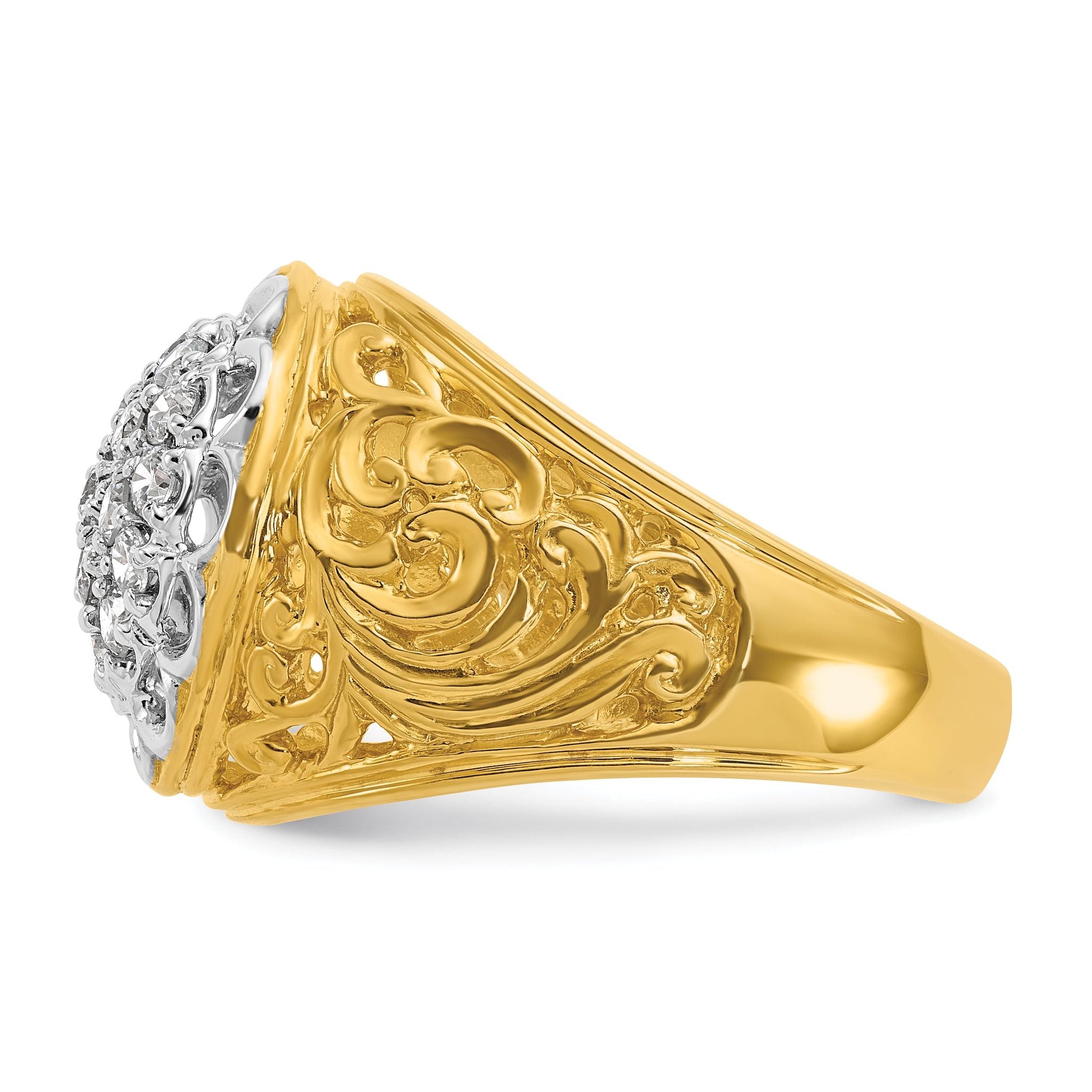 14k Two-tone Men's Polished Filigree 1 Carat AA Quality Diamond Round Cluster Ring Mounting, Mounting Only