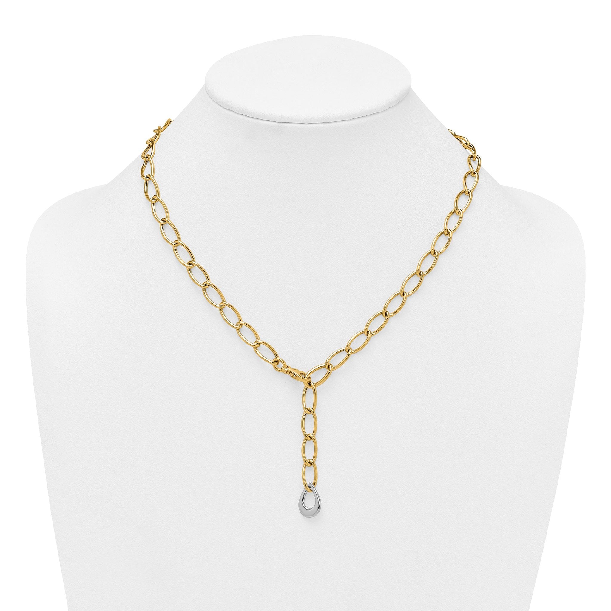 14k Two Tone Polished 6.5mm Fancy Curb Link With Teardrop 18 inch Lariat Necklace