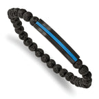 Stainless Steel Brushed and Polished Black and Blue IP-plated with 6mm Lava Stone Beaded Stretch Bracelet for Men