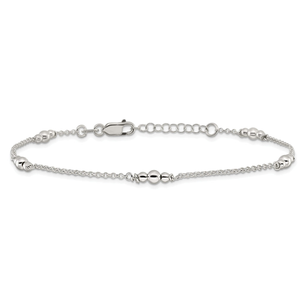 Sterling Silver Beaded 5-Station 9 inch Plus 1 inch Extender - Total 10 inch Anklet
