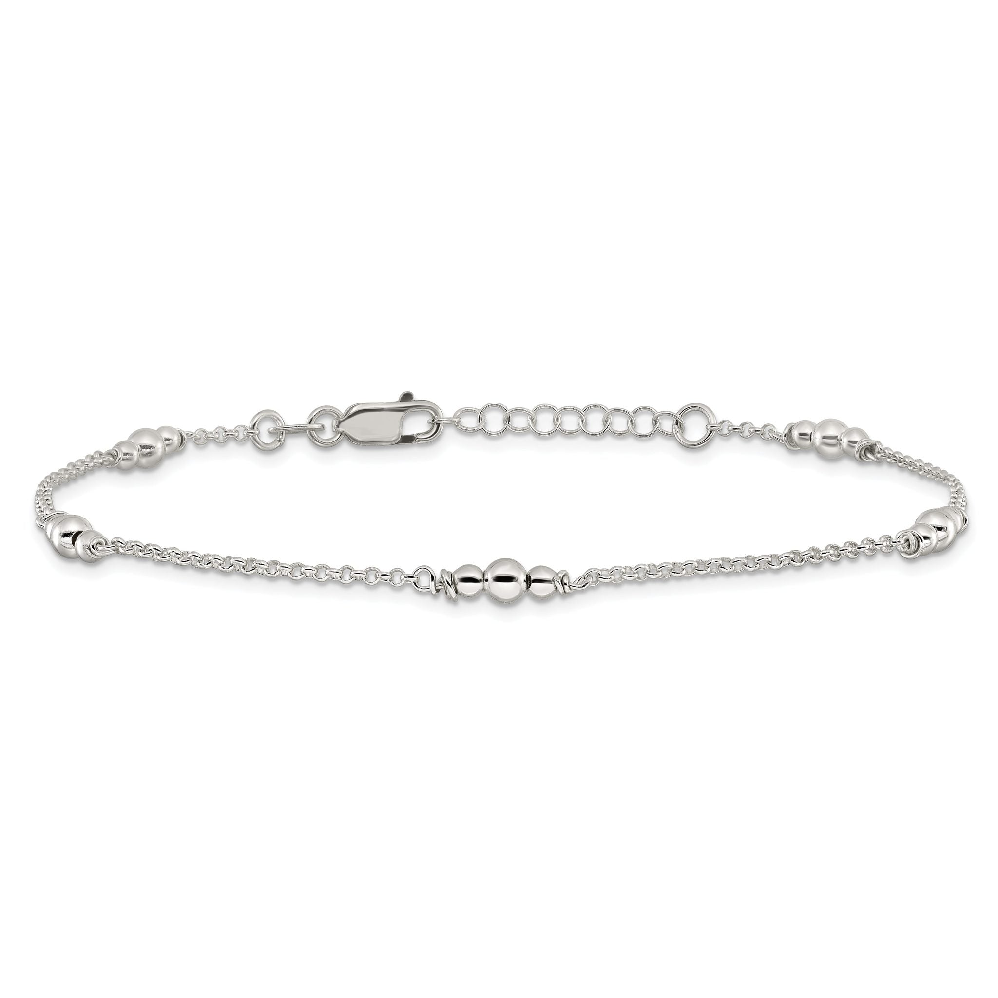Sterling Silver Beaded 5-Station 9 inch Plus 1 inch Extender - Total 10 inch Anklet