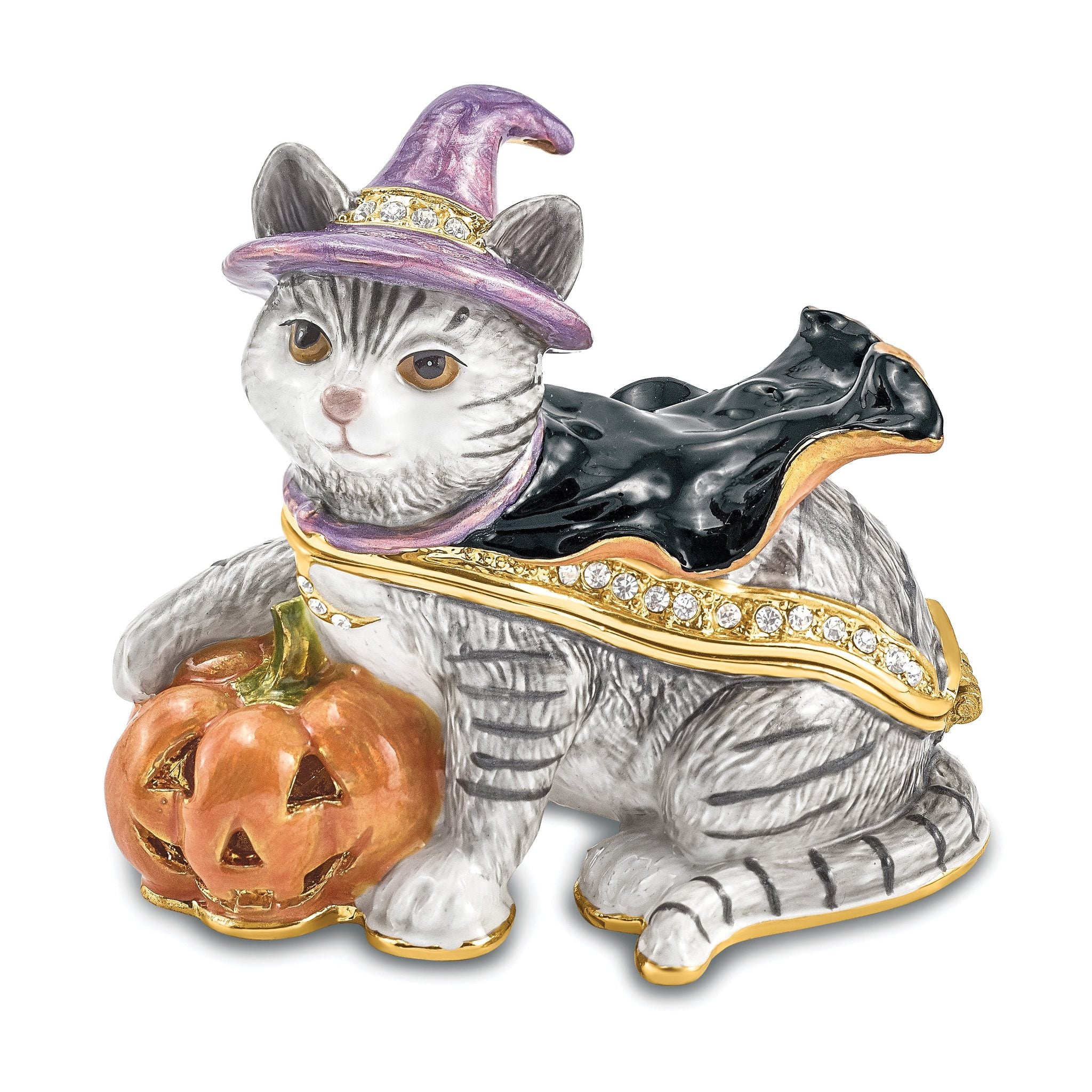 Luxury Giftware by Jere Bejeweled Crystals Gold-tone Enameled SERENA Halloween Cat Trinket Box with Matching 18 Inch Necklace
