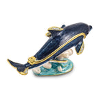 Luxury Giftware by Jere Pewter Bejeweled Crystals Gold-tone Enameled DOLLY & DYLAN Blue Dolphin & Baby Trinket Box with Matching 18 Inch Necklace