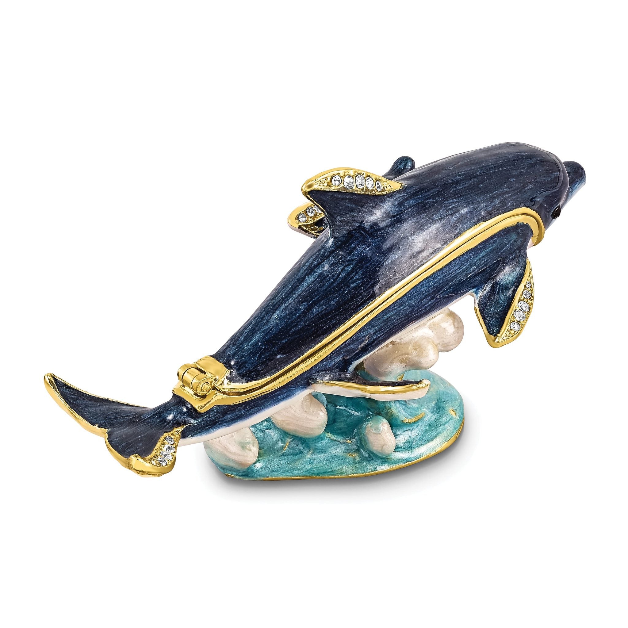Luxury Giftware by Jere Pewter Bejeweled Crystals Gold-tone Enameled DOLLY & DYLAN Blue Dolphin & Baby Trinket Box with Matching 18 Inch Necklace