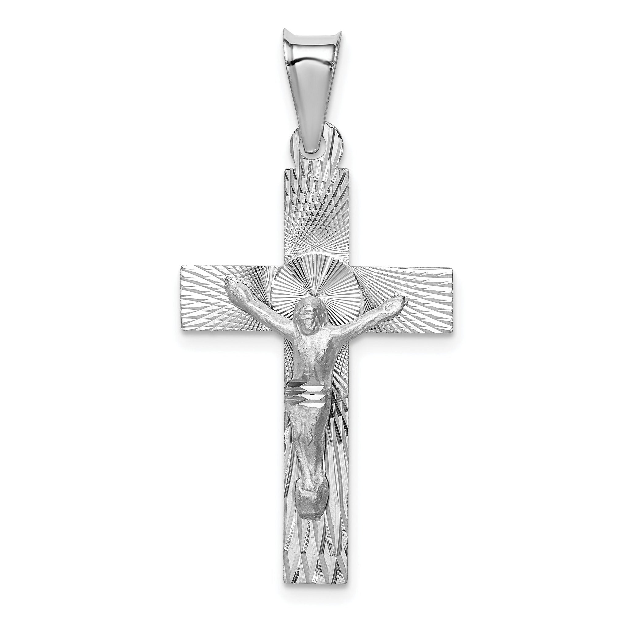 14K White Gold Crucifix Pendant with Diamond-Cut Design Polished Finish