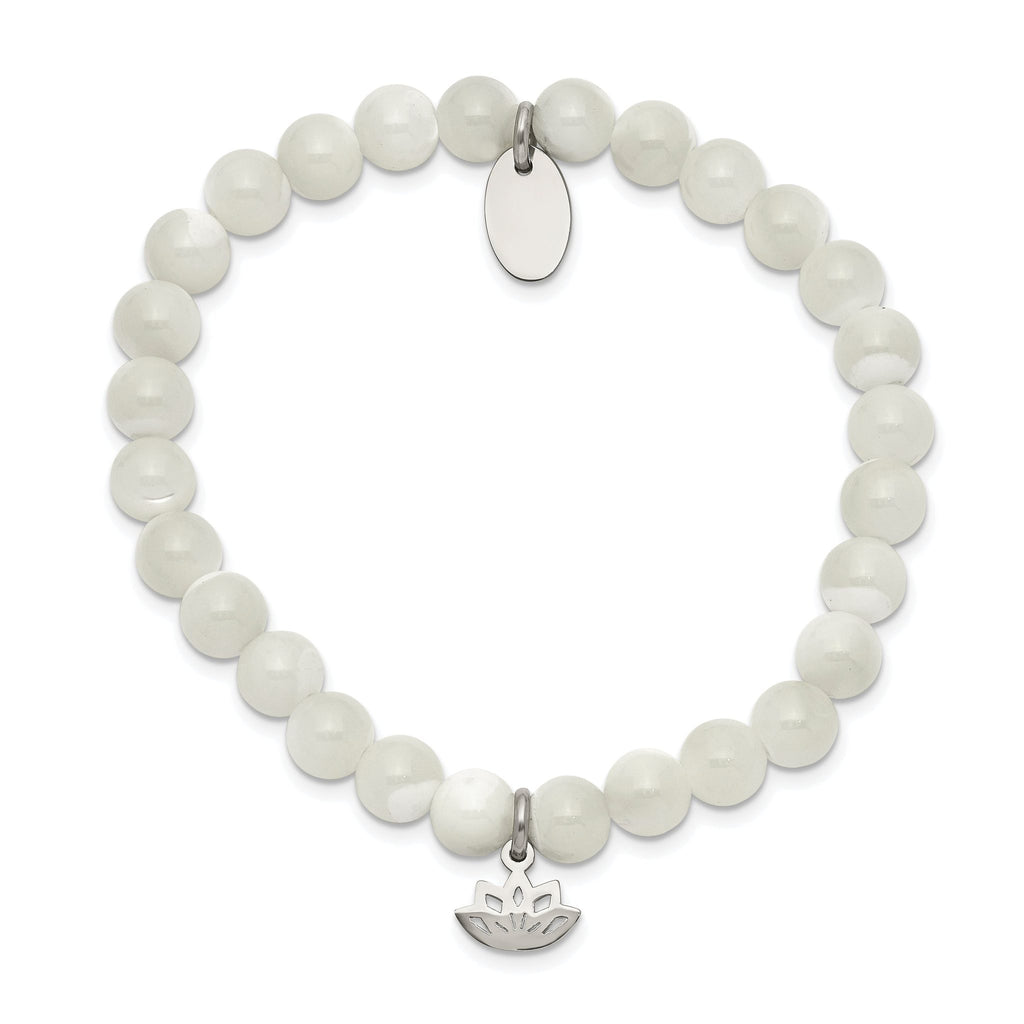 Stainless Steel Polished Lotus 6mm Mother of Pearl Beaded Stretch Bracelet for Women