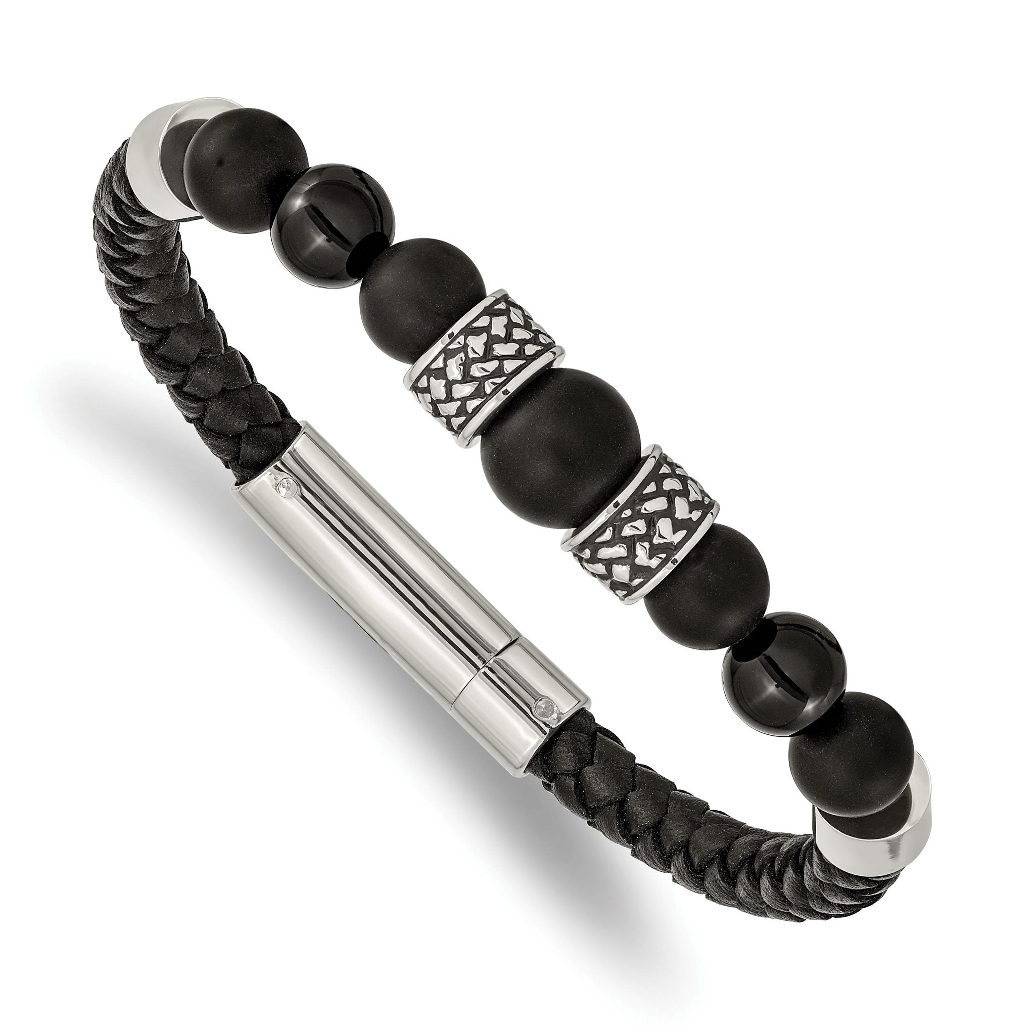 Stainless Steel Antiqued and Polished Black Agate Beads Black Leather Bracelet for Men Main image