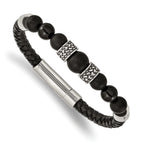 Stainless Steel Antiqued and Polished Black Agate Beads Black Leather Bracelet for Men