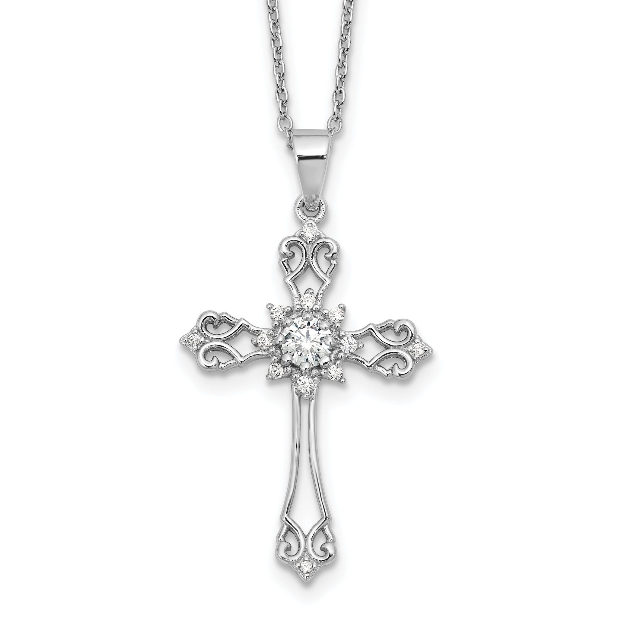 Cheryl M Sterling Silver Rhodium-plated Brilliant-cut CZ Cross 18 Inch Necklace with 2 Inch Extender Main image