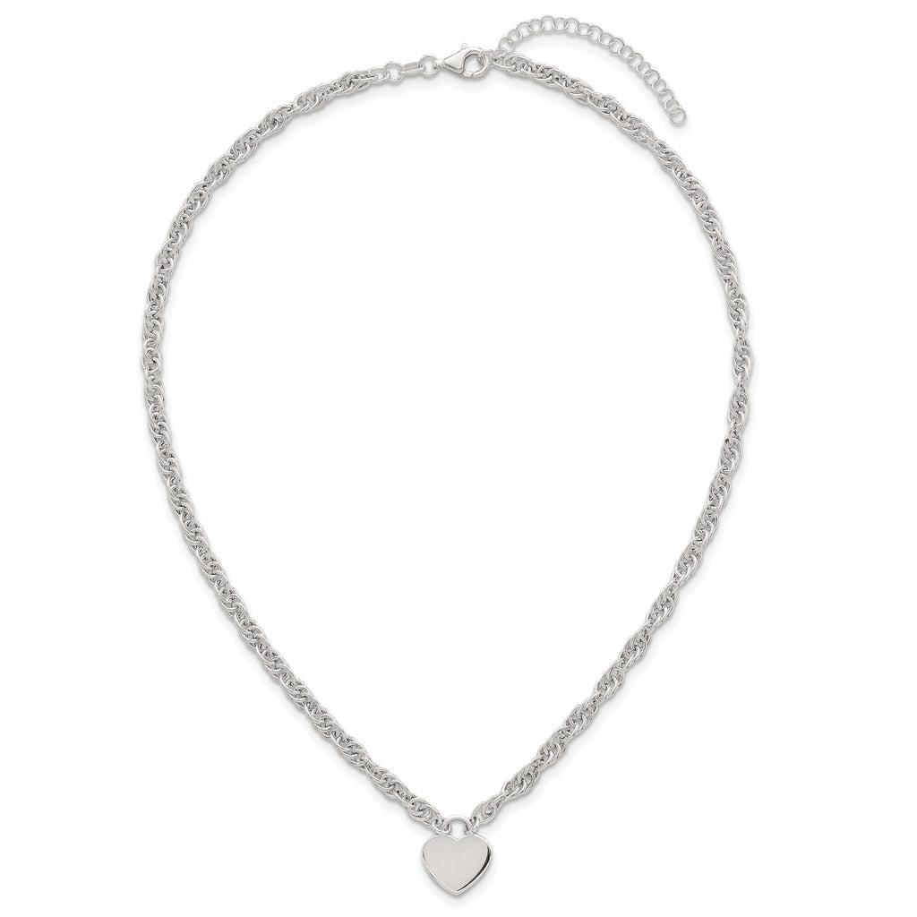 Sterling Silver Polished Fancy Engravable Heart Disc on Rope Chain 16 Inch with 2 Inch Extension Necklace
