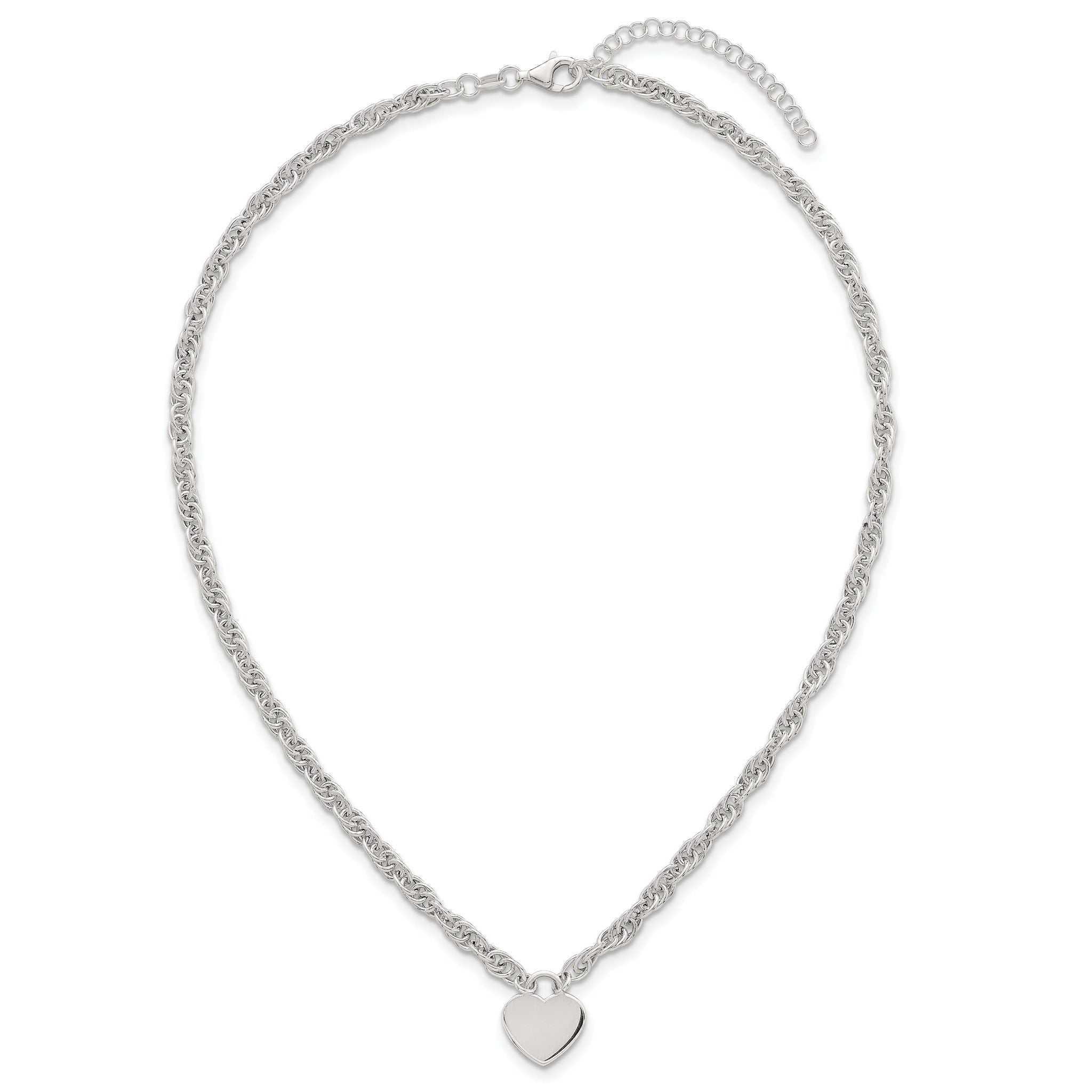 Sterling Silver Polished Fancy Engravable Heart Disc on Rope Chain 16 Inch with 2 Inch Extension Necklace