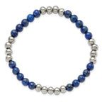 Stainless Steel Polished 6mm Lapis Beaded Stretch Bracelet for Women