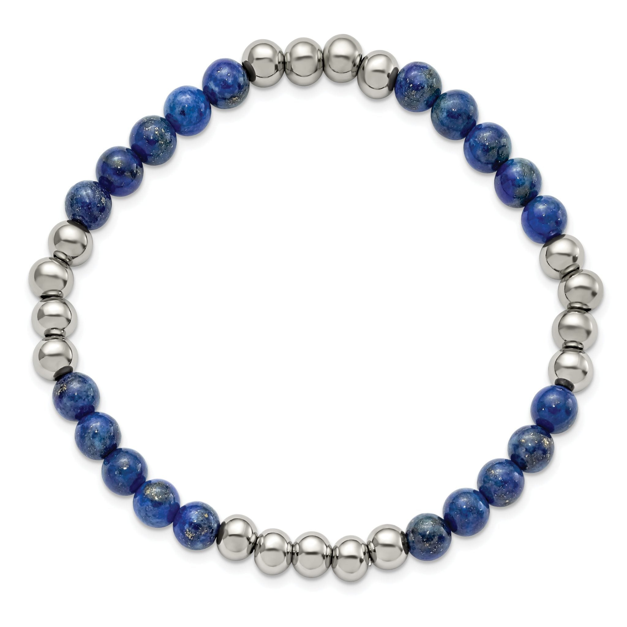 Stainless Steel Polished 6mm Lapis Beaded Stretch Bracelet for Women