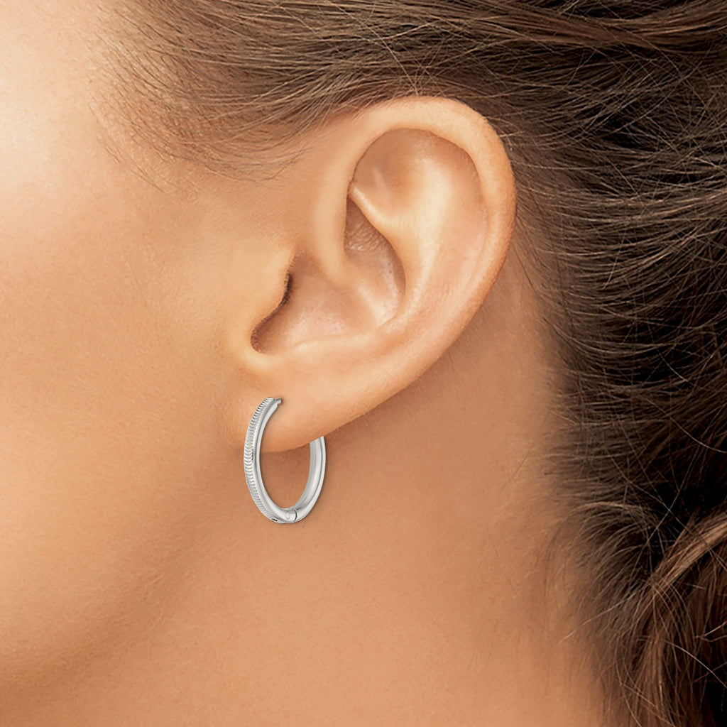 Stainless Steel Polished Textured Hinged Huggie Hoop Earrings