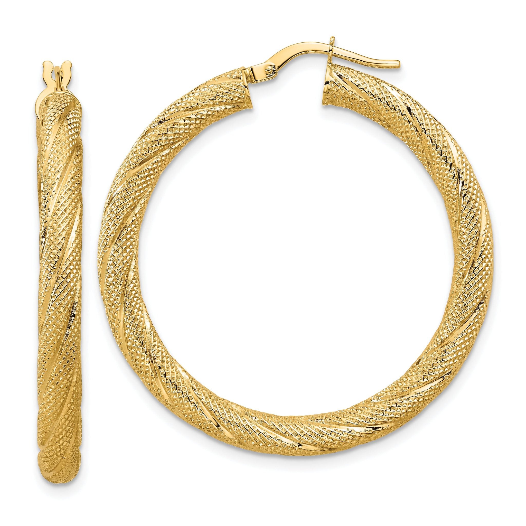 14K Polished and Textured Round Hoops Main image