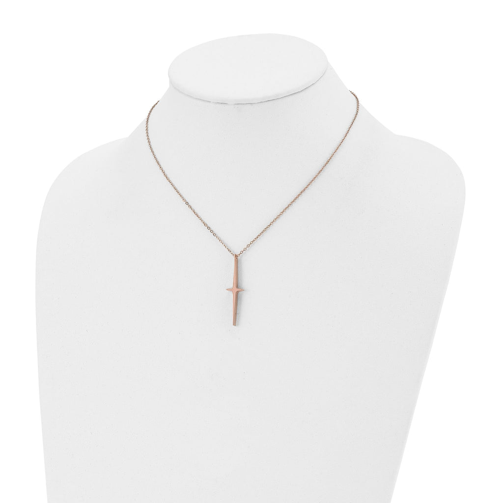 Chisel Stainless Steel Polished Rose IP-plated Cross Pendant on a 16 inch with 2 inch extension Cable Chain Necklace