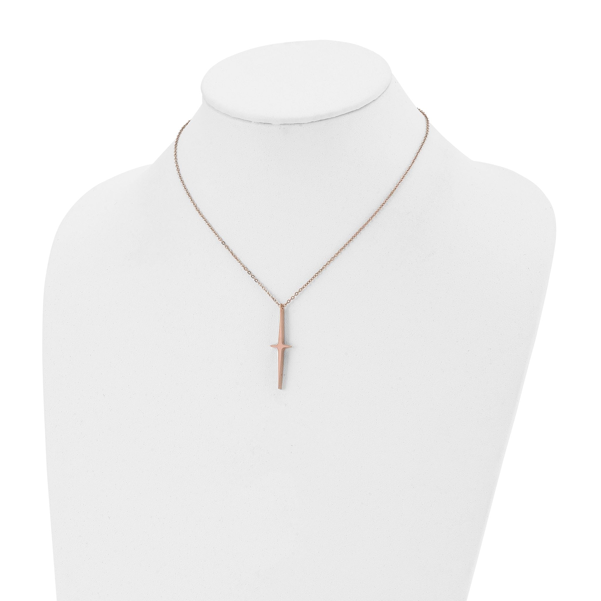 Chisel Stainless Steel Polished Rose IP-plated Cross Pendant on a 16 inch with 2 inch extension Cable Chain Necklace