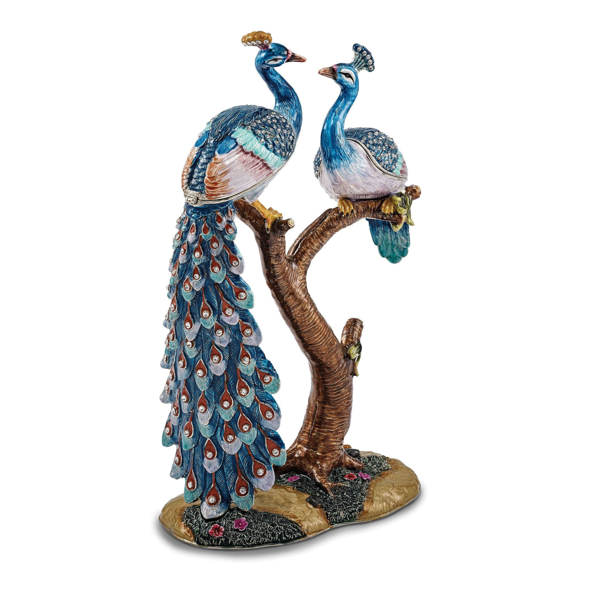 Luxury Giftware Pewter Bejeweled Crystals Silver-tone Enameled ROMEO & JULIET Peacock & Peahen Lovers Trinket Box with Matching 18 Inch Necklace Main image