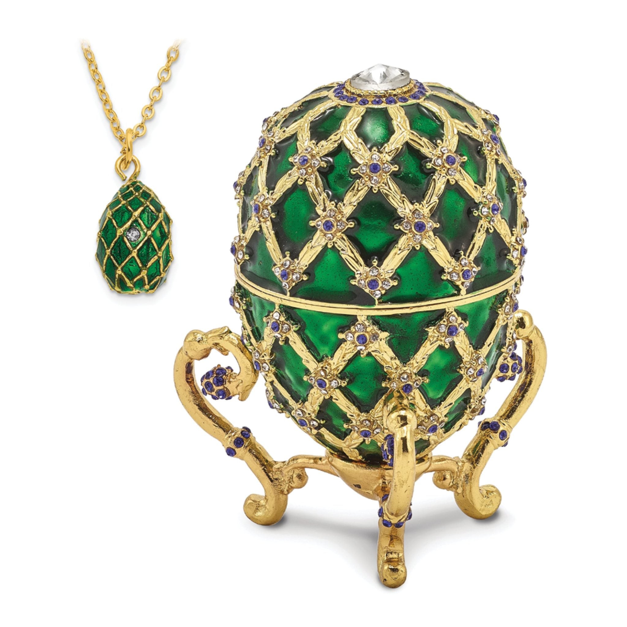 Luxury Giftware Pewter Bejeweled Crystals Gold-tone Enameled ROYAL COACH With Ring Holder and Coach Inside Egg with Matching 18 Inch Necklace