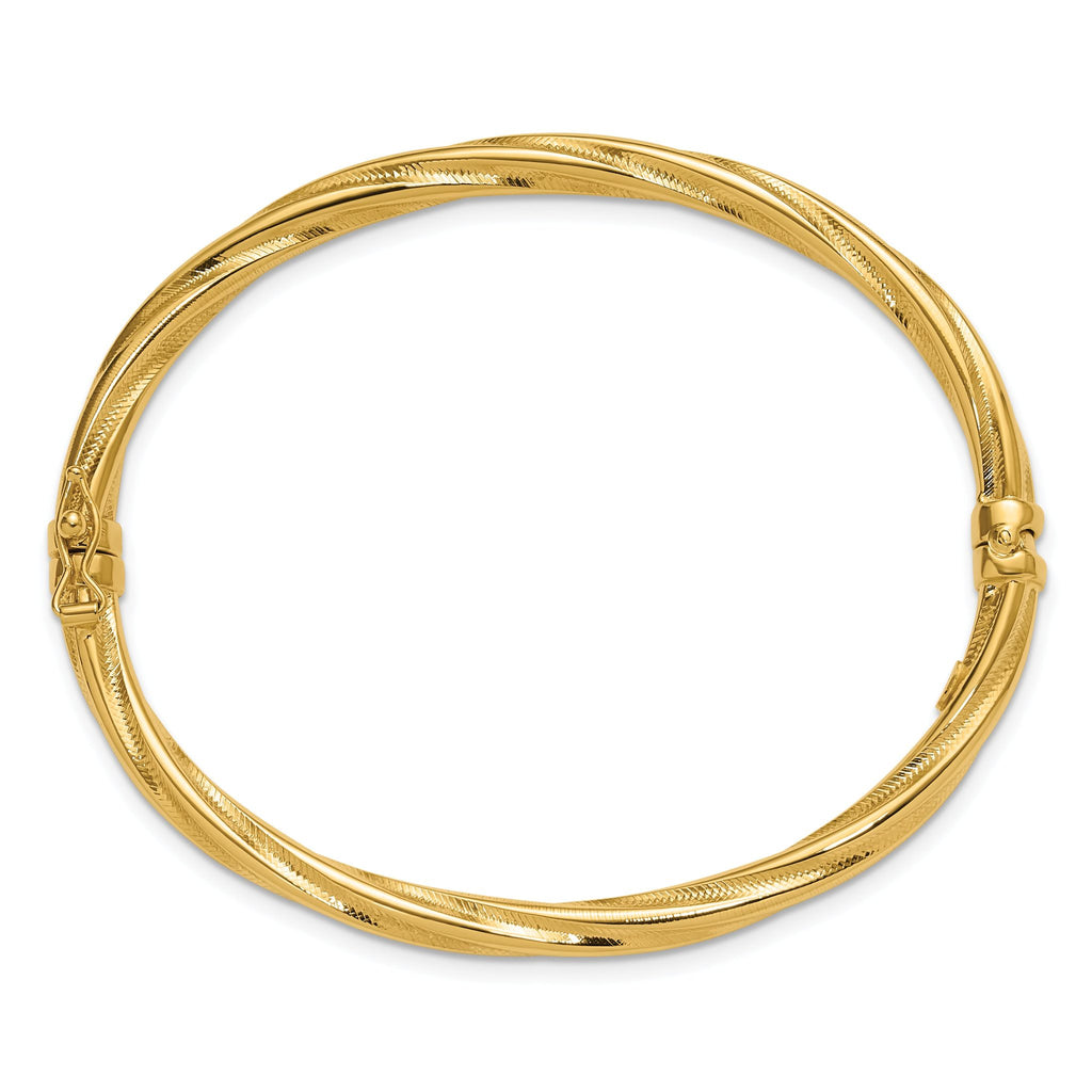 14K Polished and Textured Twist Hinged Bangle
